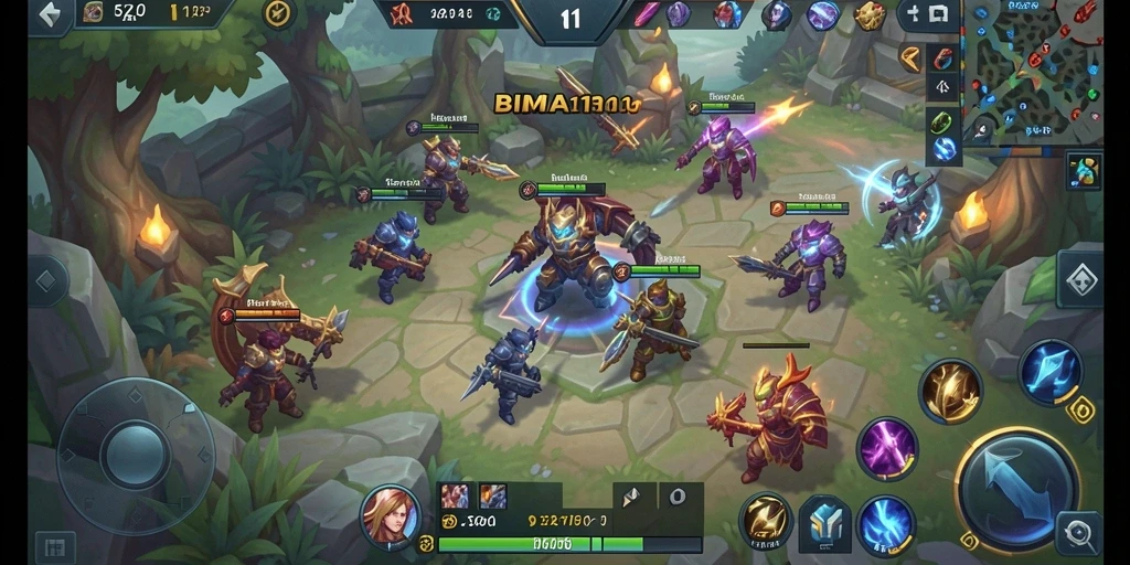 Screenshot gameplay BIMA11 menunjukkan pertarungan tim yang intens.
