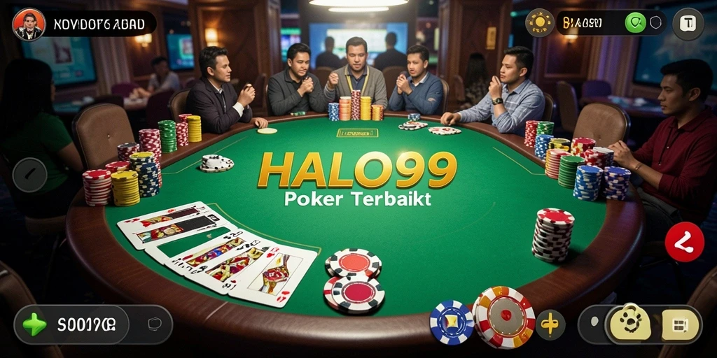 Screenshot permainan HALO99 menampilkan aksi seru di meja poker.