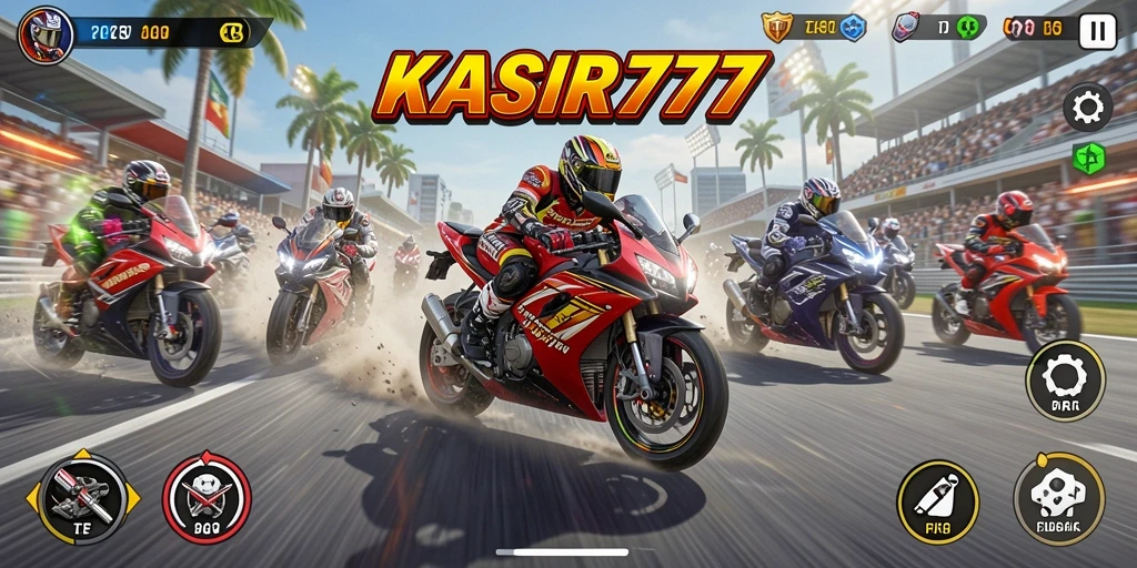 Screenshot gameplay KASIR777 menunjukkan aksi balapan motor yang intens.
