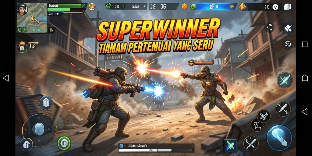 Gameplay SUPERWINNER yang penuh aksi dan seru dalam pertempuran.
