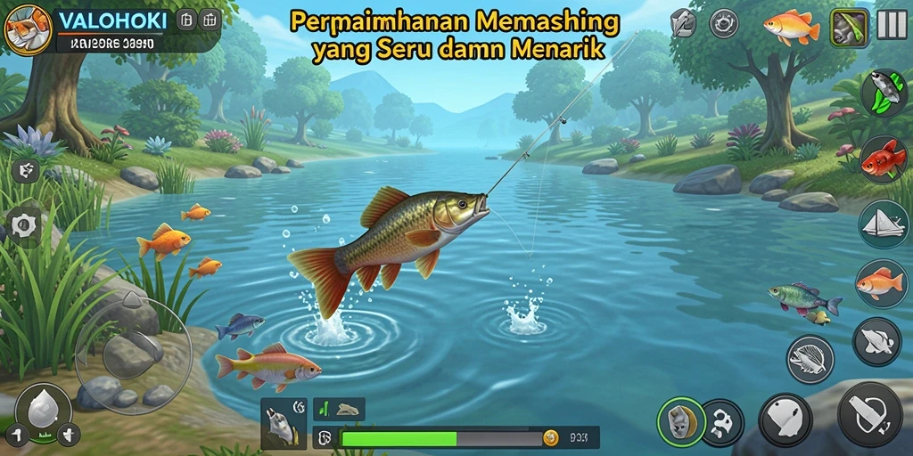 Tangkapan layar utama VALOHOKI menampilkan pemain yang sedang memancing di lokasi menakjubkan.